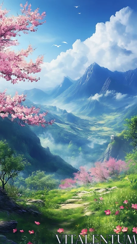 Mountain valley landscape shows pink blossoms and distant peaks