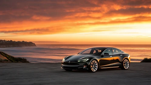Electric sedan is parked near coastal overlook at sunset