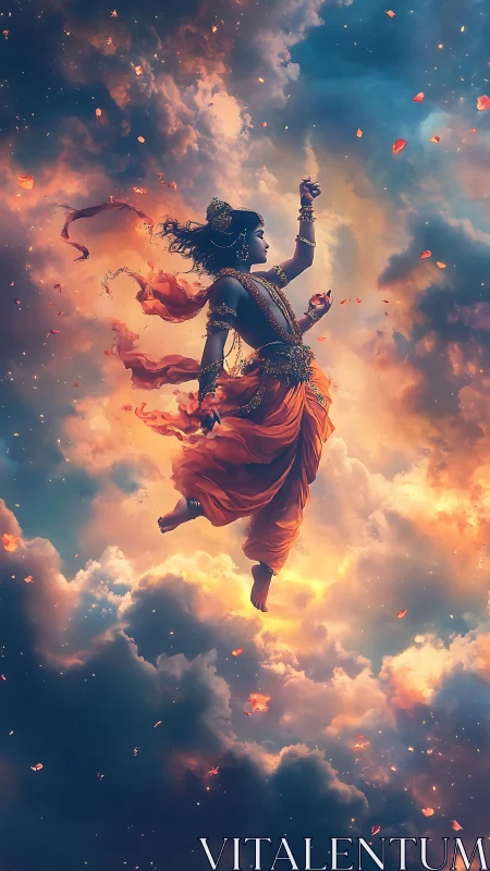 Digital painting of celestial dancer in luminous storm clouds.