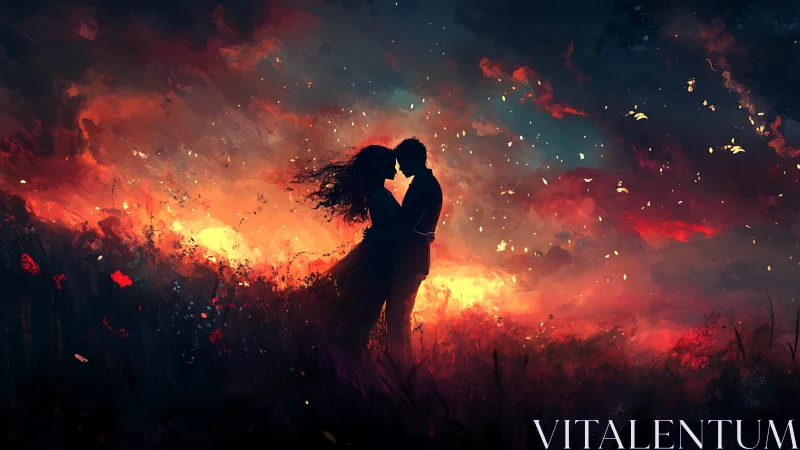 Silhouetted Couple Kissing in Fiery Explosion.