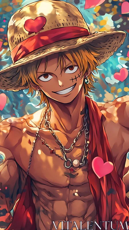 Sunlit straw-hat adventurer shares a bright, playful smile