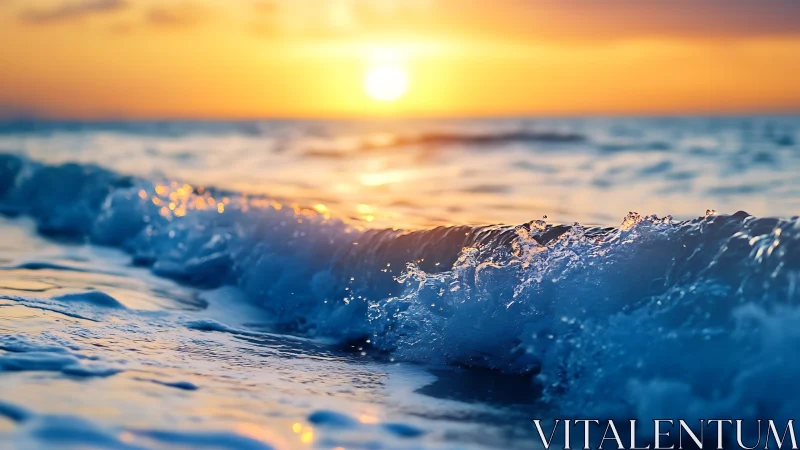 Sunlit shore waves rolling gently into evening calm.