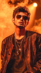 Stylish male portrait in orange stage smoke lighting.