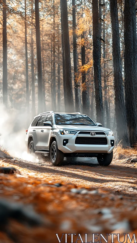 Forest dust swirls as a white SUV carves its own wild path