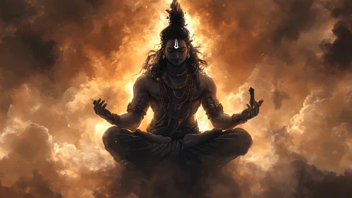 Divine yogi levitating amid blazing celestial clouds.
