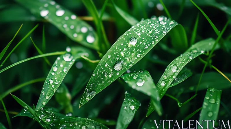 Rain-soaked grass blades with crystal water droplets.