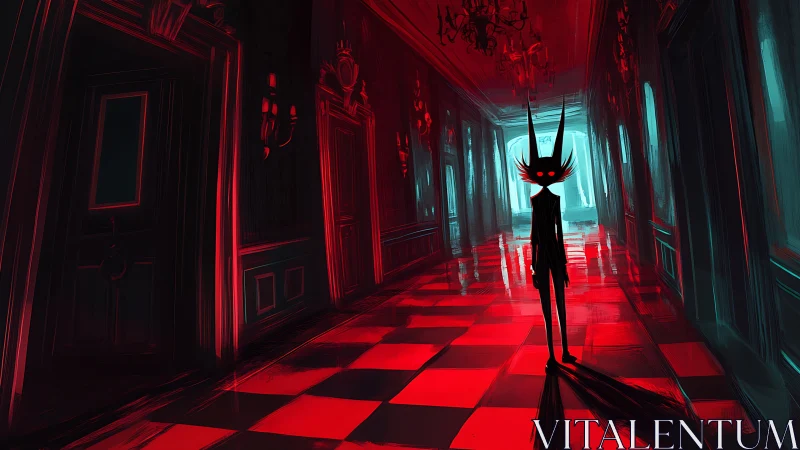 Elongated figure in red and cyan corridor interior scene.