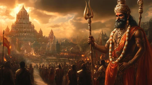 Warrior king guards burning temple city under dusk sky