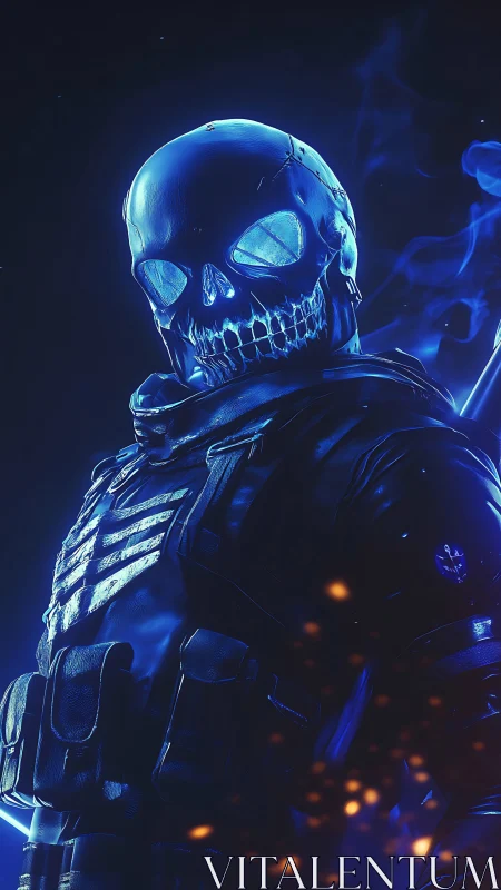 Tactical exosuit operator with luminous skull mask in blue haze