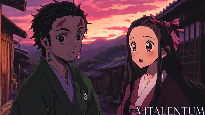 Sunset street scene with surprised anime siblings duo.