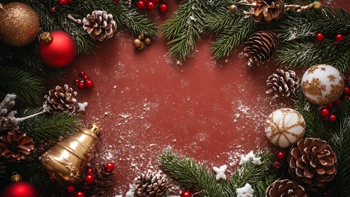 Christmas wreath border with ornaments on red background.