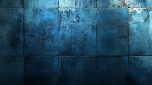 Blue metal wall shows weathered panels with subtle gloss