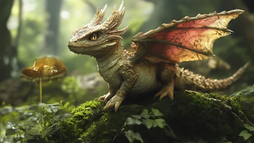 Young forest dragon rests alert on mossy log in sunlight