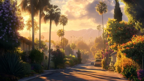 Golden sunset bathes a lush palm-lined suburban avenue