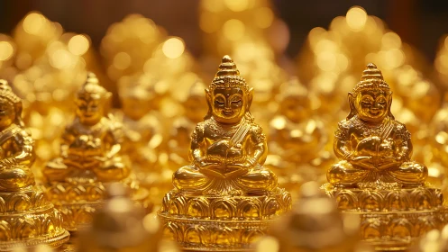 Rows of small golden Buddha statues sit on ornate bases