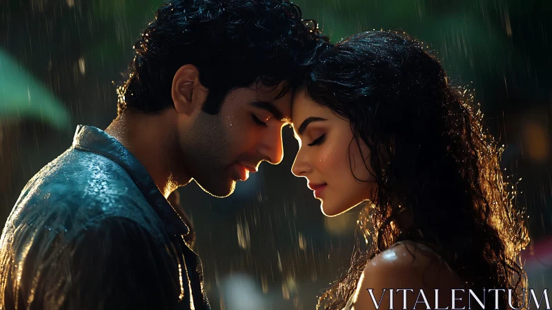 Intimate Profile: Couple in Rain with Golden Rim Lighting and Soft Focus