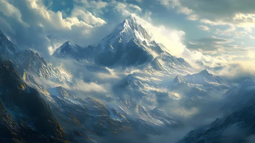 Snow-lit titan rises through storm-tossed mountain clouds