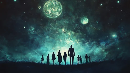 Silhouetted figures stand beneath multiple luminous moons