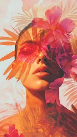 Woman’s face merges with layered orange and pink tropical flora