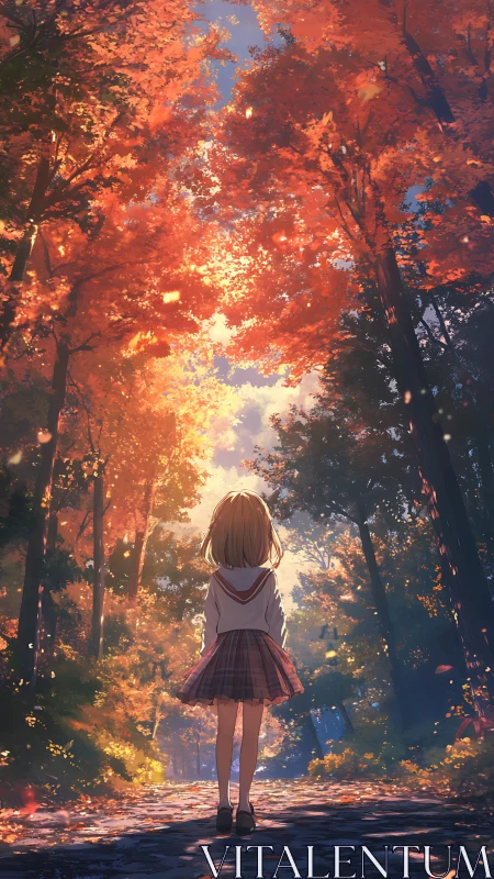 Autumn forest path with schoolgirl under glowing foliage canopy.