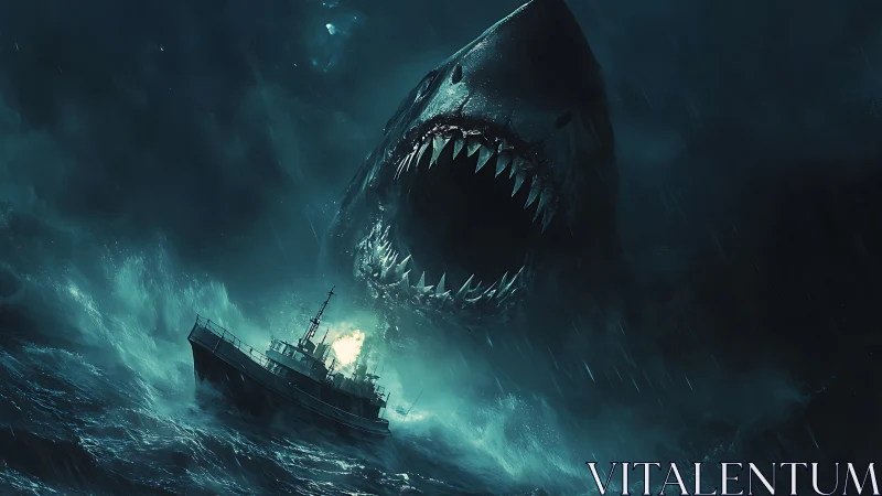 Massive sea monster shark towering above stormy patrol ship.