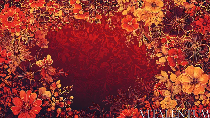 Red and Gold Floral Border Composition with Central Negative Space
