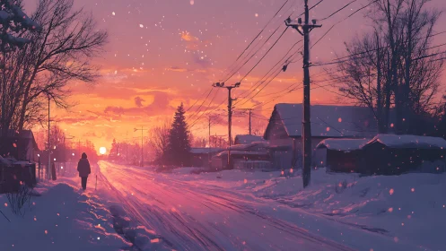 Sunset over snowy village road with lone walking figure.