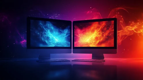Dual monitors display vivid blue and orange nebula energy.