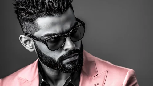 Stylish bearded man in sunglasses and pink suit jacket.