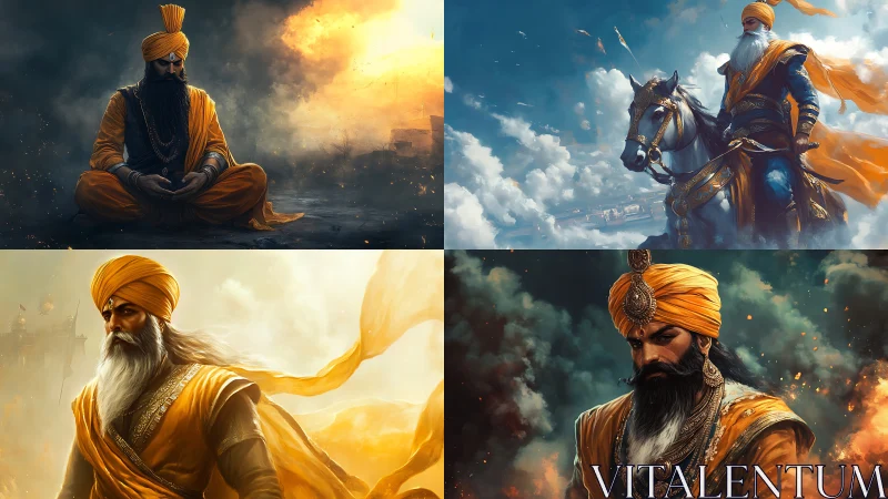 Regal Sikh warriors in orange robes across four scenes.