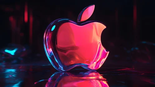 Glass Apple Logo in Neon Lighting, Futuristic Digital Art Style.