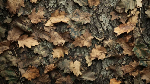 Dry oak leaves layered against rugged tree bark texture.