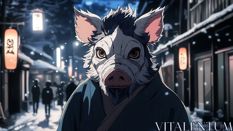 Anthropomorphic boar warrior in snowy Japanese night street