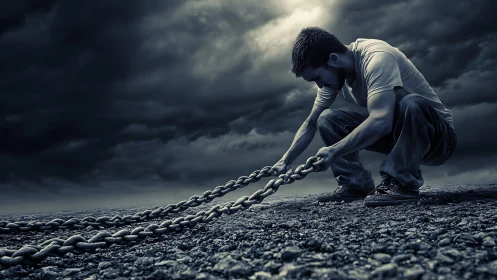 Stormlit struggler gripping heavy chains on broken ground.