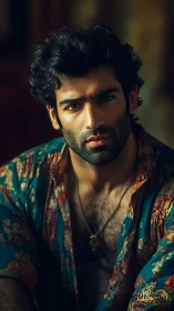 Moody male portrait in patterned shirt under warm lighting.