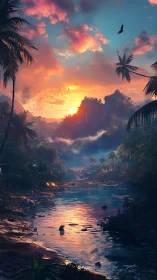 Aurora-kissed jungle river dreams under blazing tropic dusk.