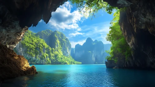 Tropical karst lagoon framed by shadowed cave cliffs.
