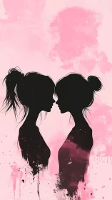 Silhouetted profiles of two figures facing each other against pink watercolor background.