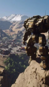 Combat mech overlooking desert valley industrial settlement.