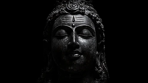 Stone deity portrait with dramatic low key side lighting.