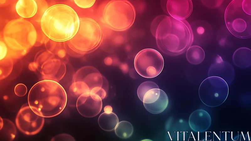 Glowing rainbow bubbles drift softly through dreamy darkness