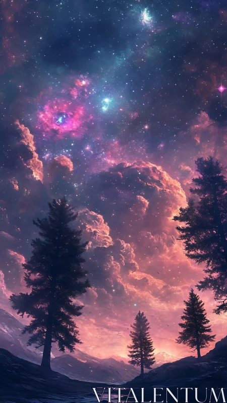 Vertical landscape shows pine silhouettes under nebula sky