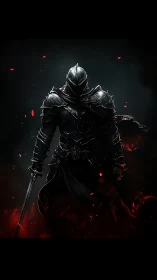 Dark armored knight framed by glowing embers and shadow.