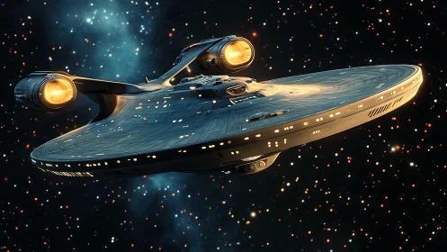 Futuristic starship with illuminated engines in deep space.