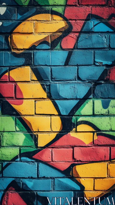 Vivid geometric graffiti on textured brick wall surface.