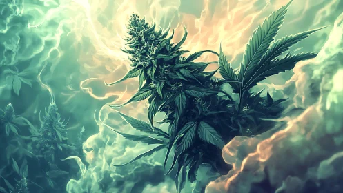 Luminous cannabis bloom drifting through dreamy swirling light.