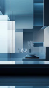 Minimalist blue kitchen still life unites glass, steel, light