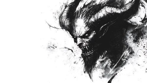 Monochrome demonic bust rendered in splattered ink dynamics.