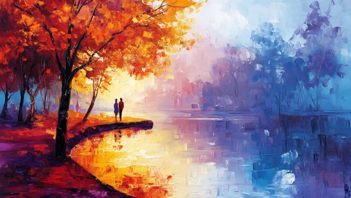 Couple by autumn lake in vivid warm and cool contrast.