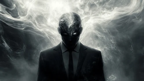 Smoky spectral figure in suit with glowing eyes emerges.